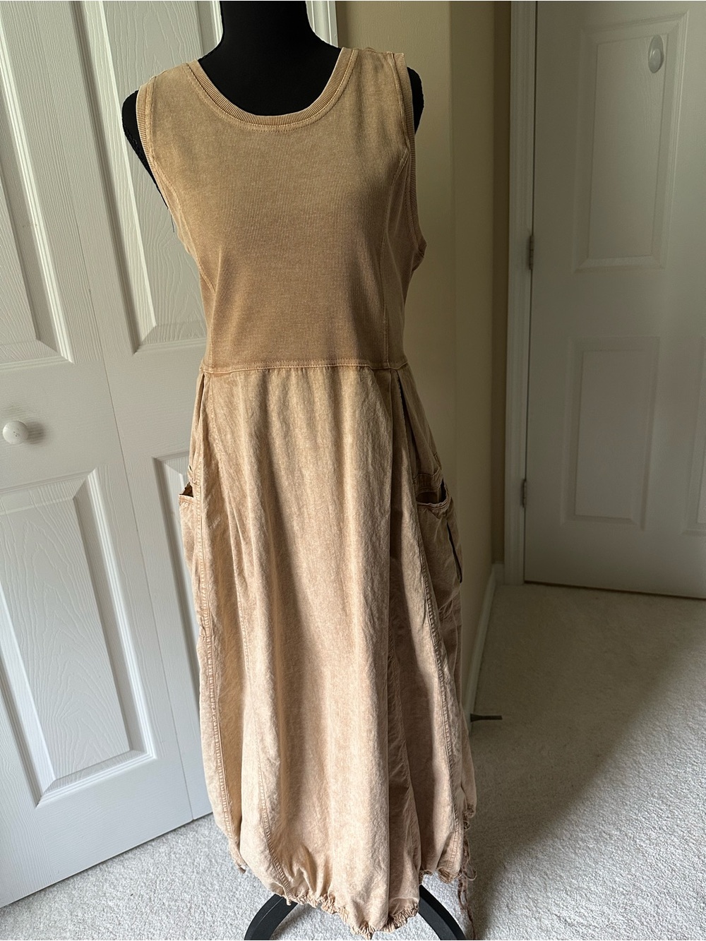 easel Cargo Mineral Wash Maxi Dress with Side Pockets - Toast